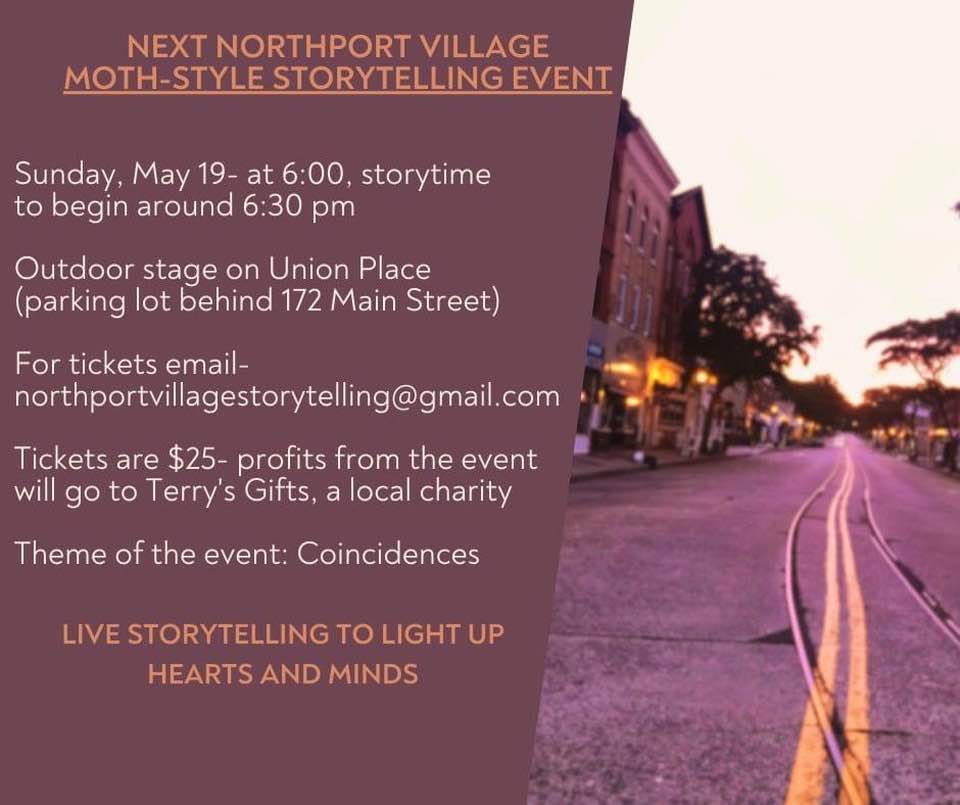 Flyer for the Northport Story Slam. Info in text.