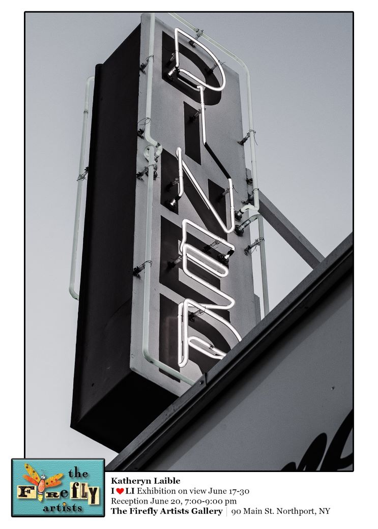 Photo of a Diner sign with info regarding an art exhibition detailed below